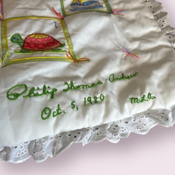 Vintage Handmade ABC Baby Blanket Top Embroidered Wall Hanging Ruffle Hem Decor - Picture 4 of 16